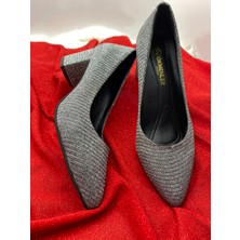 Çiğdem Kundura Çiğdem Kalın Ökçe Gümüş Simli Sivri Burun Ayakkabı  - Gümüş - 36 - ST00677-GÜMÜŞ-36