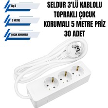 Seldur 3'lü Kablolu Topraklı Çocuk Korumalı 5 Metre Priz 30 Adet