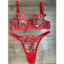 Arona Kırmızı Çiçekli Balenli Dantelli Tül Sütyen Takımı