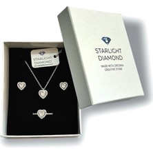 Starlight Diamond Rodyum Kaplama Kalpli Kolye Küpe Yüzük Gümüş Takı Seti Beyaz Taşlı