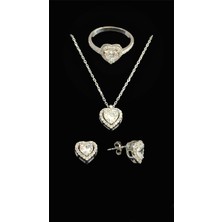 Starlight Diamond Rodyum Kaplama Kalpli Kolye Küpe Yüzük Gümüş Takı Seti Beyaz Taşlı