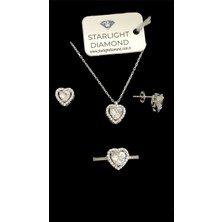 Starlight Diamond Rodyum Kaplama Kalpli Kolye Küpe Yüzük Gümüş Takı Seti Beyaz Taşlı