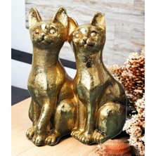 Elifeshop Gold Kedi Çift Biblo Heykel Hediyelik Dekoratif Ürün Konsol Vitrin Masa Süsü Ofis Ev Hediyesi