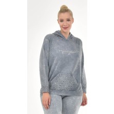 Kadın Büyük Beden İtalyan Yıkama Gri Kapşonlu Sweatshirt