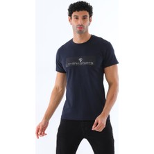 Erkek Lacivert Süprem Kumaş Bisiklet Yaka Slim Fit Dar Kesim Piyera Sports Baskılı Kısa Kol T-Shirt - 136