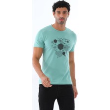 Erkek Yosun Yeşili Süprem Kumaş Geometrik Baskılı Bisiklet Yaka Kısa Kol T-Shirt - 140