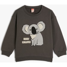 Koton Koalalı Sweatshirt Uzun Kollu Bisiklet Yaka Şardonlu Pamuklu
