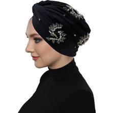 Fidan Bone Shining El Işlemeli Siyah-Füme S Desen Astarlı Hazır Türban Tesettür Abiye Bone
