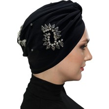 Fidan Bone Shining El Işlemeli Siyah-Füme S Desen Astarlı Hazır Türban Tesettür Abiye Bone