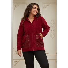 Rmg Kol ve Cep Pul Payet Işlemeli Büyük Beden Bordo Hırka