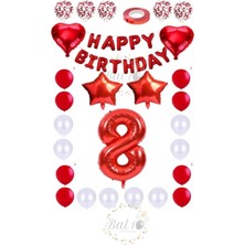 Bal10 Dünyası Kırmızı Happy Bırthday Rakam Yıldız Kalp Folyo Balon ve Konfetili Balon Seti Seti Yaş 8