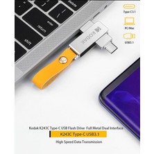 Kodak K243C 128Gb.Type-C ve Usb 3.1 Flash Bellek Type-C girişli Tüm telefonlara Ve İphone 15 Serisi Uygun Otg Çift Giriş Metal Sağlam Orjinal