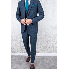 Paco Romano Erkek Slim Fit Mono Yaka Petrol Ekose Kombin Yelekli Takım Elbise
