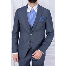 Paco Romano Erkek Slim Fit Sivri Yaka Lacivert Yelekli Takım Elbise