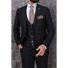 Paco Romano Erkek Slim Fit Sivri Yaka Siyah Yelekli Takım Elbise