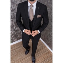 Paco Romano Erkek Slim Fit Sivri Yaka Siyah Yelekli Takım Elbise