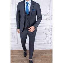 Paco Romano Erkek Slim Fit Sivri Yaka Koyu Lacivert Yelekli Takım Elbise