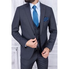 Paco Romano Erkek Slim Fit Sivri Yaka Koyu Lacivert Yelekli Takım Elbise