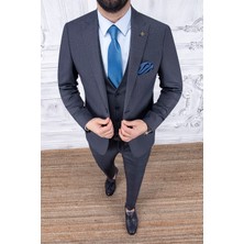 Paco Romano Erkek Slim Fit Sivri Yaka Koyu Lacivert Yelekli Takım Elbise