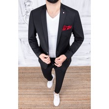 Paco Romano Erkek Slim Fit Mono Yaka Yarım Astar Siyah Takım Elbise