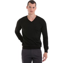 Hatemoğlu Siyah Regular Fit Düz V Yaka Yünlü Triko Kazak