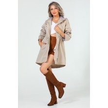 Julude Taş Kadın Kapüşonlu Çizgi Detaylı Trençkot P-00005071