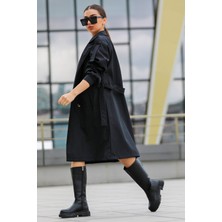 Julude Siyah Kadın Kruvaze Yaka Astarlı Bel Kuşaklı Tarz Trençkot P-00007578