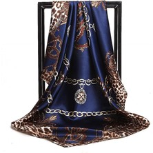 Fsfeng Kadın Ipek Eşarp Kemer Desenli Büyük Kare Saten Başörtüsü Headdress 35", Mavi (Yurt Dışından)