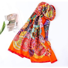 Fsfeng Kadınlar Için Ipek Eşarp Moda Eşarplar Güneş Koruyucu Şallar Sararlar 71"X35", Turuncu Daire Çiçek (Yurt Dışından)