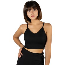 Terapi Men Kadın Siyah Ip Askılı Fitted/vücuda Oturan Fitilli Örme Crop Top Bluz 23K-TRP-CRP05
