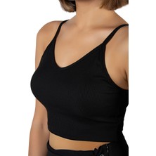 Terapi Men Kadın Siyah Ip Askılı Fitted/vücuda Oturan Fitilli Örme Crop Top Bluz 23K-TRP-CRP05