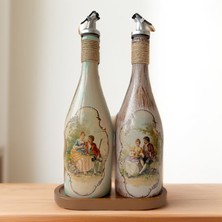 Mes Reves Design Özel Tasarım Vintage Desenli Sunum Stantlı Zeytinyağı Sıvıyağ Şişesi 2'li 750 ml