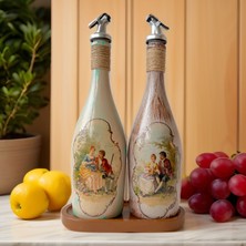 Mes Reves Design Özel Tasarım Vintage Desenli Sunum Stantlı Zeytinyağı Sıvıyağ Şişesi 2'li 750 ml