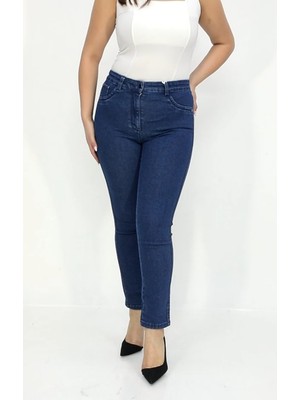Akşen Giyim Büyük Beden Bol Likralı Toparlayıcı Yanları Taş Detaylı Kotmavi Renk Jean Pantolon