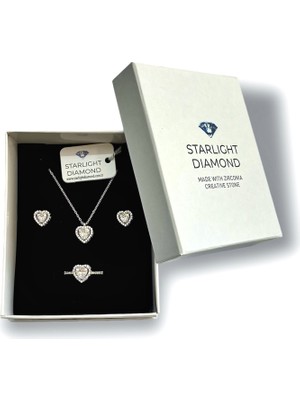 Starlight Diamond Rodyum Kaplama Kalpli Kolye Küpe Yüzük Gümüş Takı Seti Beyaz Taşlı