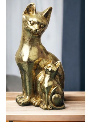 Elifeshop Gold Anne Yavru Kedi Biblo Heykel Hediyelik Dekoratif Ürün Konsol Vitrin Masa Süsü Ofis Ev Hediyesi