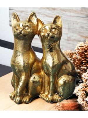 Elifeshop Gold Kedi Çift Biblo Heykel Hediyelik Dekoratif Ürün Konsol Vitrin Masa Süsü Ofis Ev Hediyesi