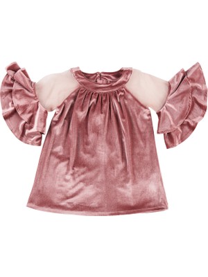 Panço Kız Çocuk Kolları Volan Detaylı Kadife Elbise