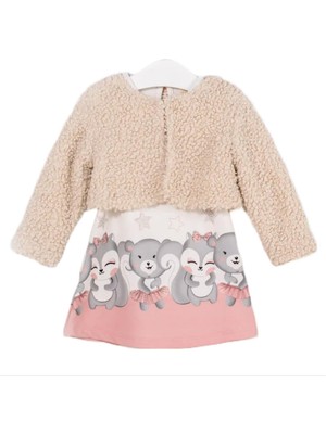 Dear Enika Bupperkids Kız Bebek Sevimli Sincap Yelekli Ekru Elbise Takımı