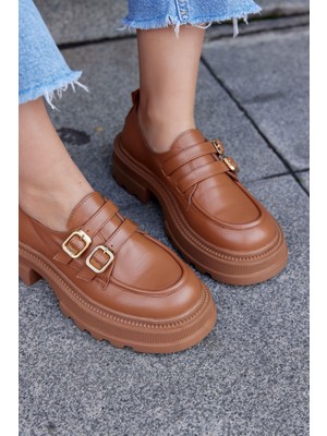 Nilufarr Belly Taba Hakiki Deri Kalın Tabanlı Kadın Loafer