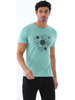 Erkek Yosun Yeşili Süprem Kumaş Geometrik Baskılı Bisiklet Yaka Kısa Kol T-Shirt - 140