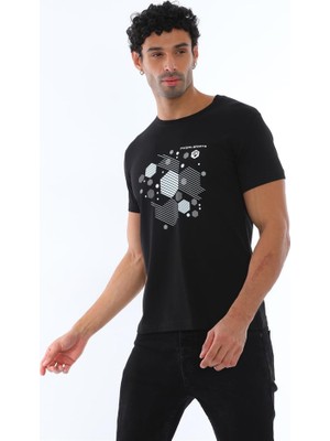 Erkek Siyah Süprem Kumaş Geometrik Baskılı Bisiklet Yaka Kısa Kol T-Shirt - 140
