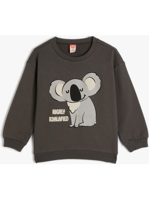 Koton Koalalı Sweatshirt Uzun Kollu Bisiklet Yaka Şardonlu Pamuklu