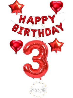 Bal10 Dünyası Kırmızı Renk Happy Bırthday Rakam ve Yıldız Kalp Folyo Balon Seti Yaş 3