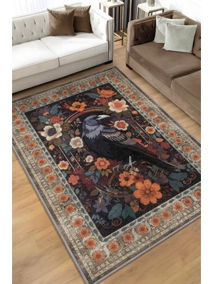 Homshtag Nuh'un Gemisi Koleksiyonu Kuzgun Çiçek Desenli Karga Temalı Vintage Renkli Maksimalist Halı