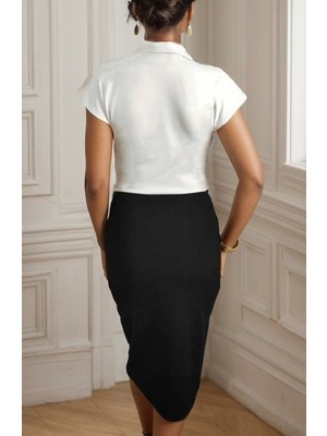 Janes Kadın Kısa Kollu Kruvaze Yaka Krep Elbise (Kemersiz)