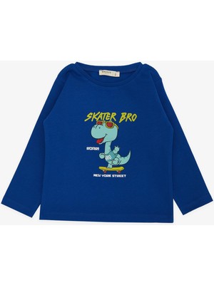 Breeze Girls & Boys Erkek Çocuk Uzun Kollu Tişört Kaykaycı Gözlüklü Dinozor Baskılı 1-4 Yaş, Saks Mavisi
