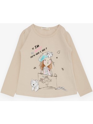 Breeze Kız Çocuk Uzun Kollu Tişört Kendini Sanatçı Hisseden Kız Baskılı 3-8 Yaş, Bej