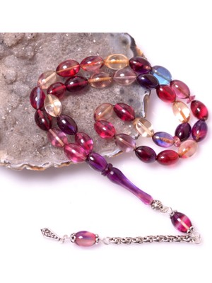 Taş Sandığı Sıkma Kehribar Gümüş Tesbih - Karışık Renkli