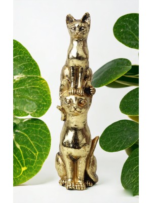 Elifeshop Gold Üst Üste 2’li Kedi Biblo Heykel Hediyelik Dekoratif Ürün Konsol Vitrin Masa Süsü Ofis Hediyesi